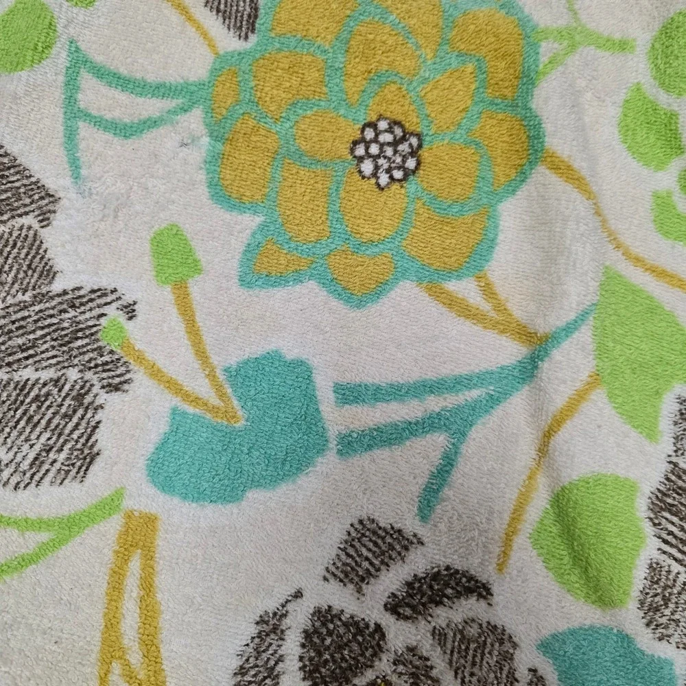 Vintage Floral Terry Cloth Beach Towel Fringe Edge Green Yellow Brown 46x37